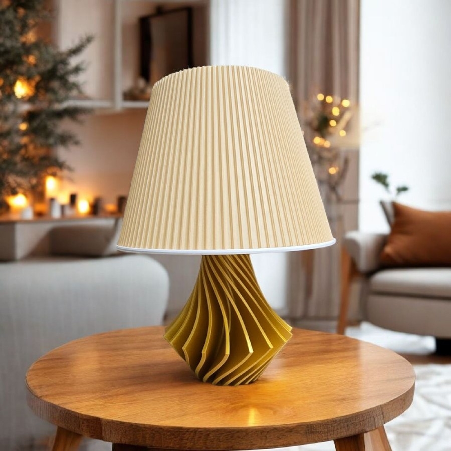 Altın Çizgili Ahşap Desenli Abajur – 35 cm El Yapımı 3D Baskı Modern Masa Lambası