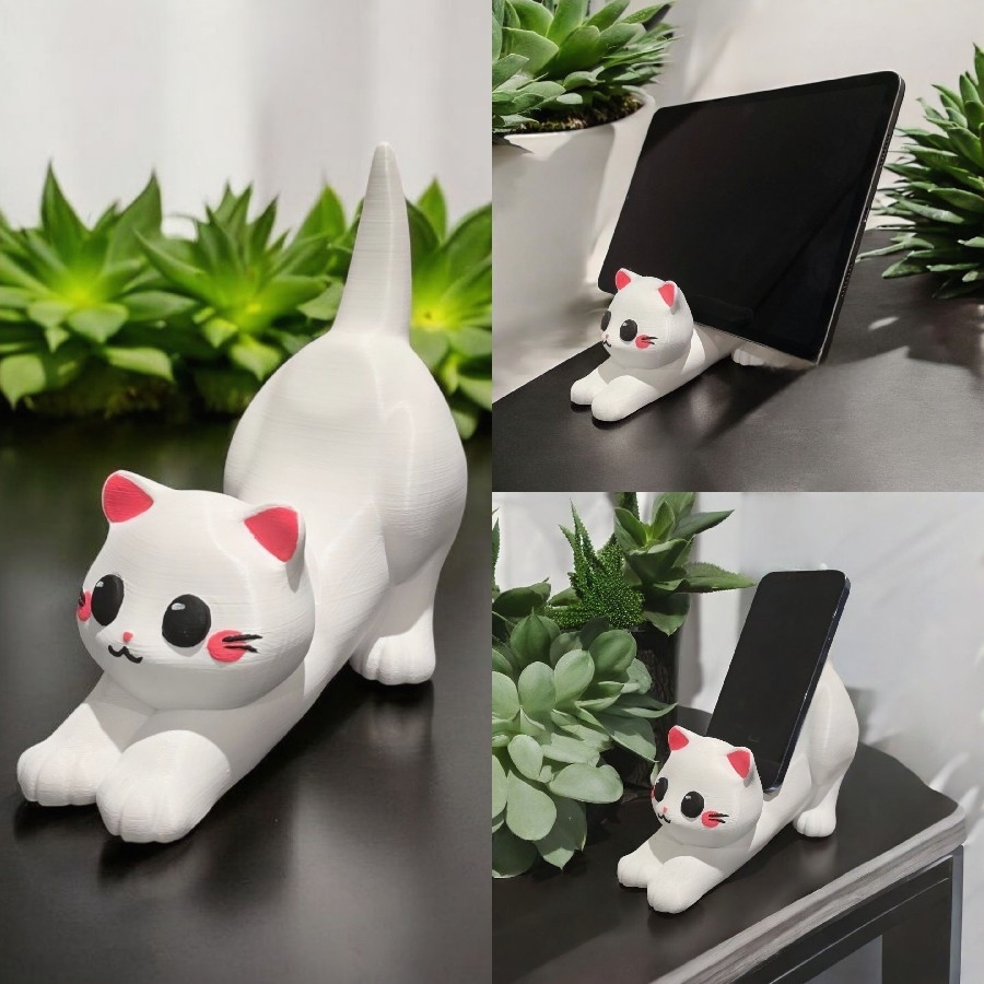 Kedi Figürlü Telefon Standı – El Yapımı 3D Baskı Masaüstü Aksesuar