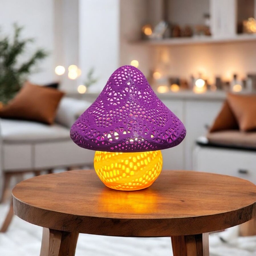 Mor ve Ahşap Mantar Abajur – 3D Baskı El Yapımı Masa Lambası